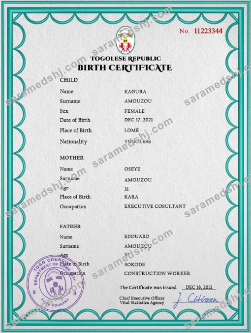 Togo birth certificate PSD template